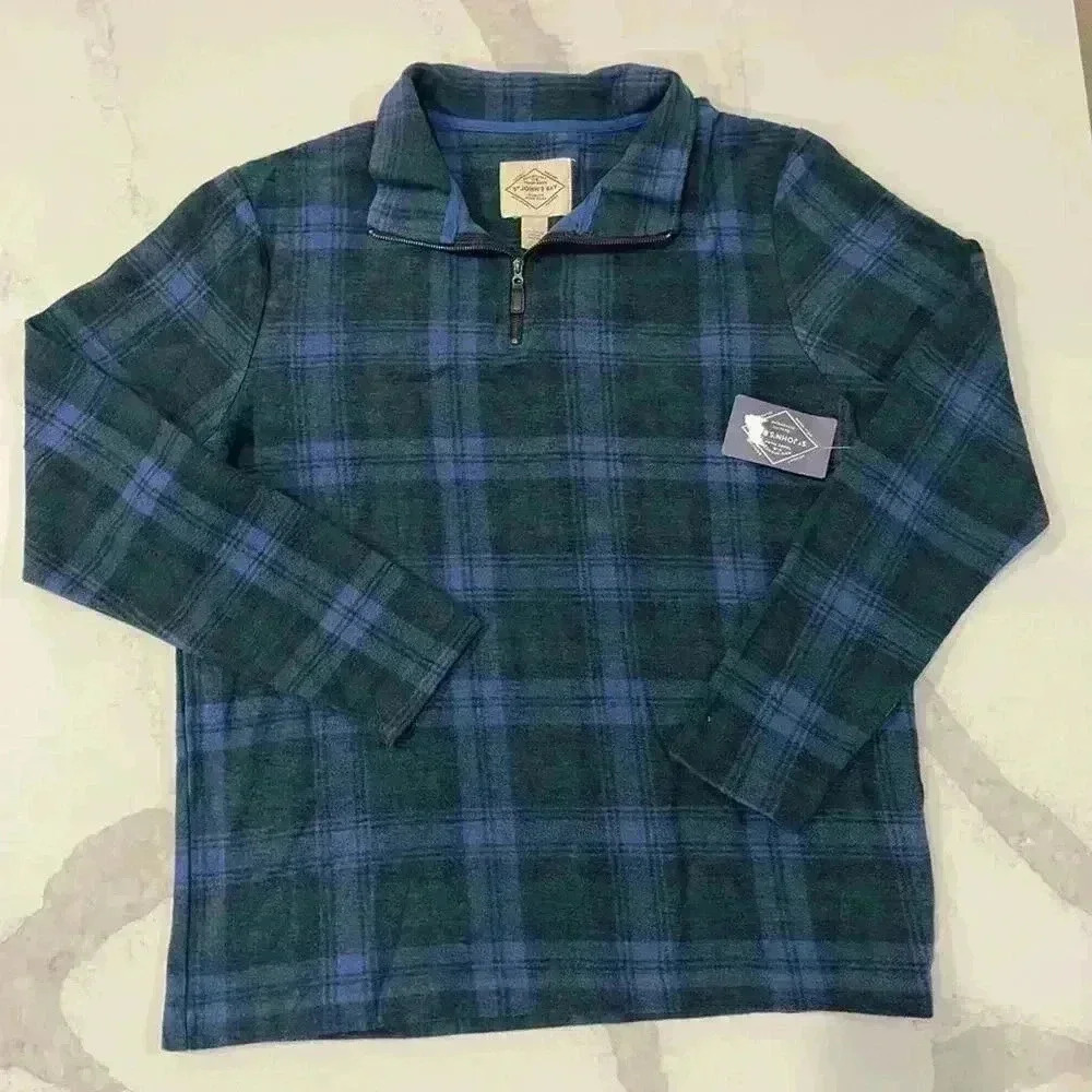 St John’s Bay NWT Blue Buffalo Plaid Fleece Half Zip Sweater Men's Large Flannel